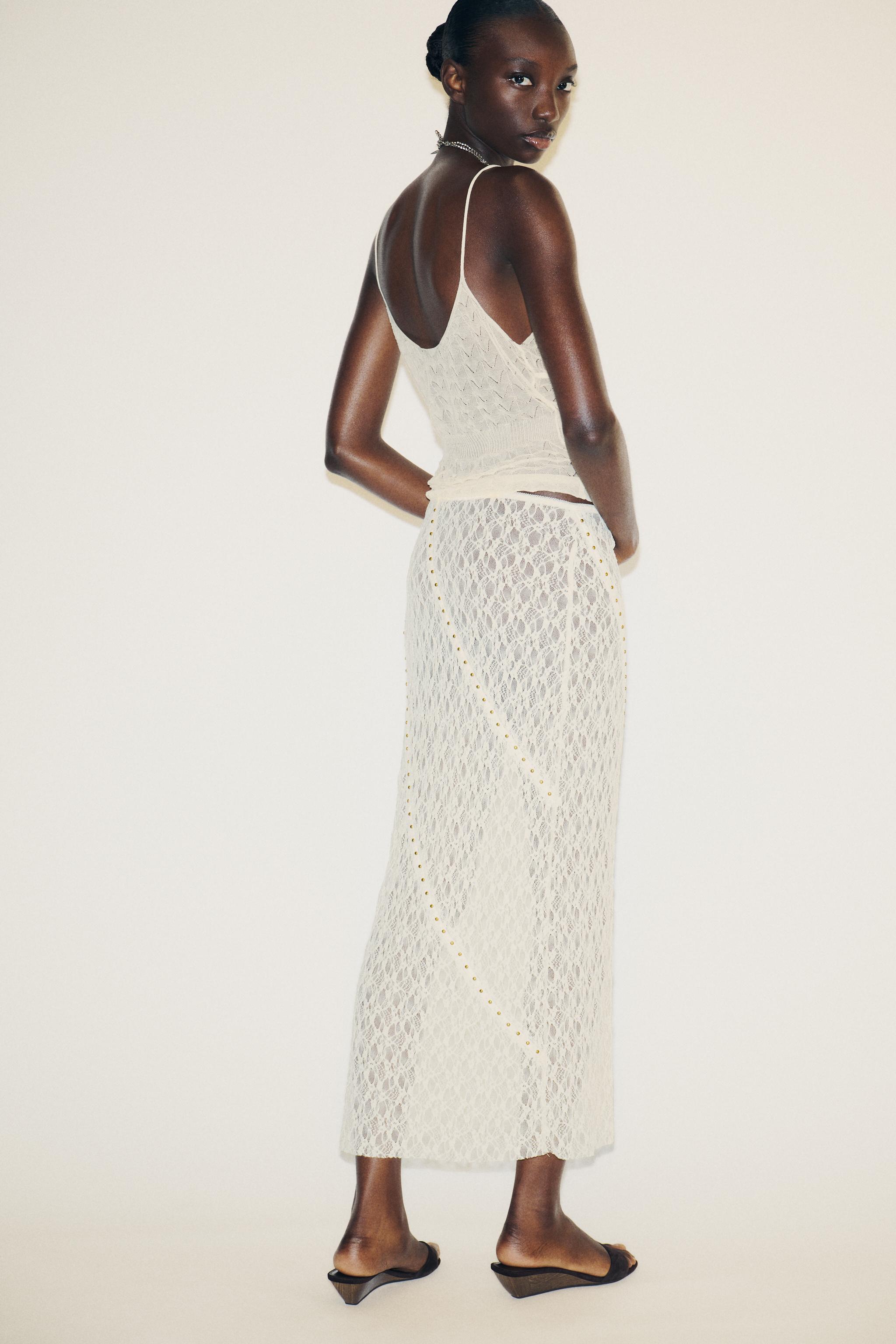 STUDDED LACE MIDI SKIRT